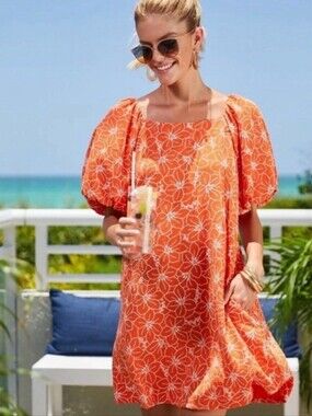 Harper 241 Embroidered Floral Orange Puff Sleeve Dress Sz L